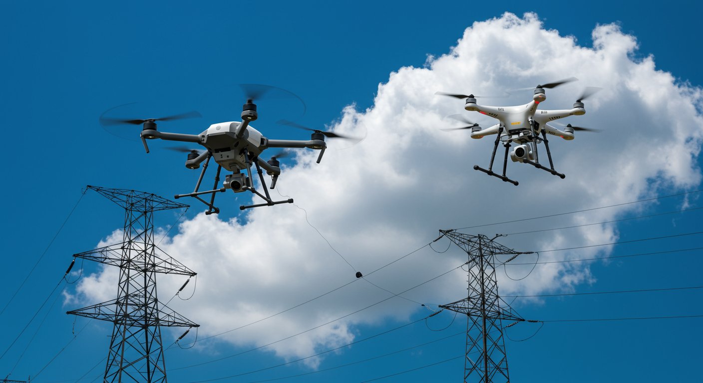 ドローンによる送電線点検作業の様子