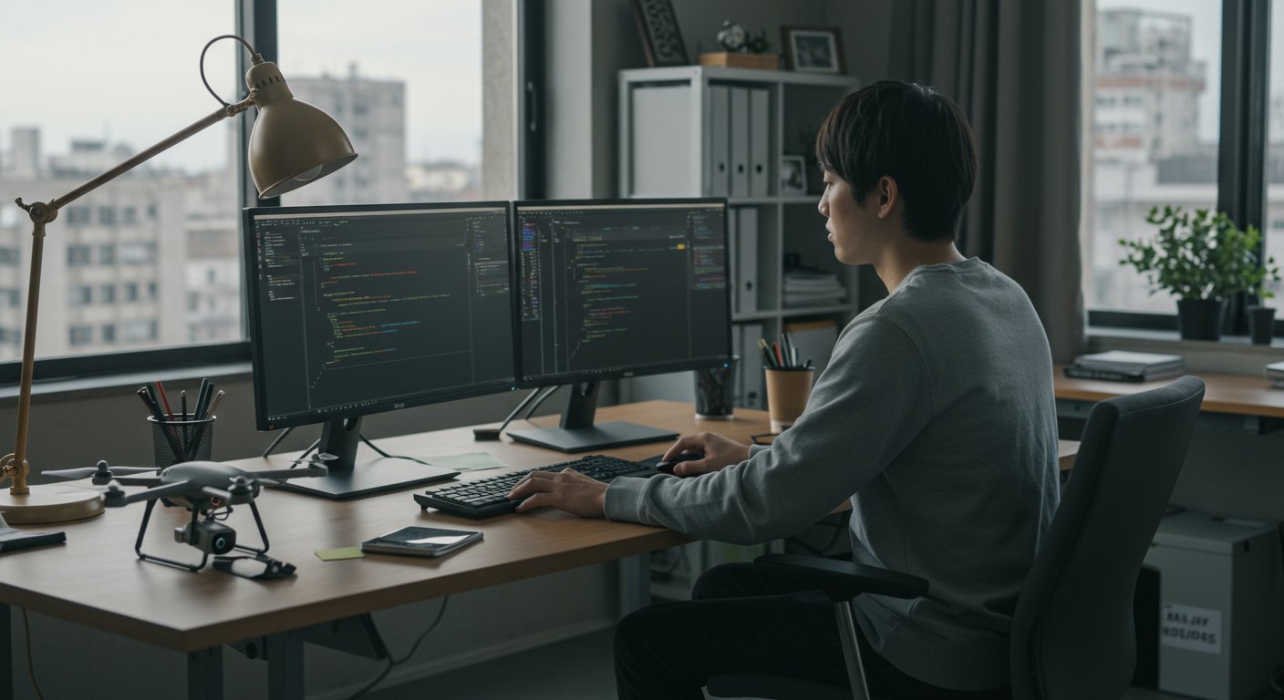 ドローンプログラマーがコードを書いている様子
