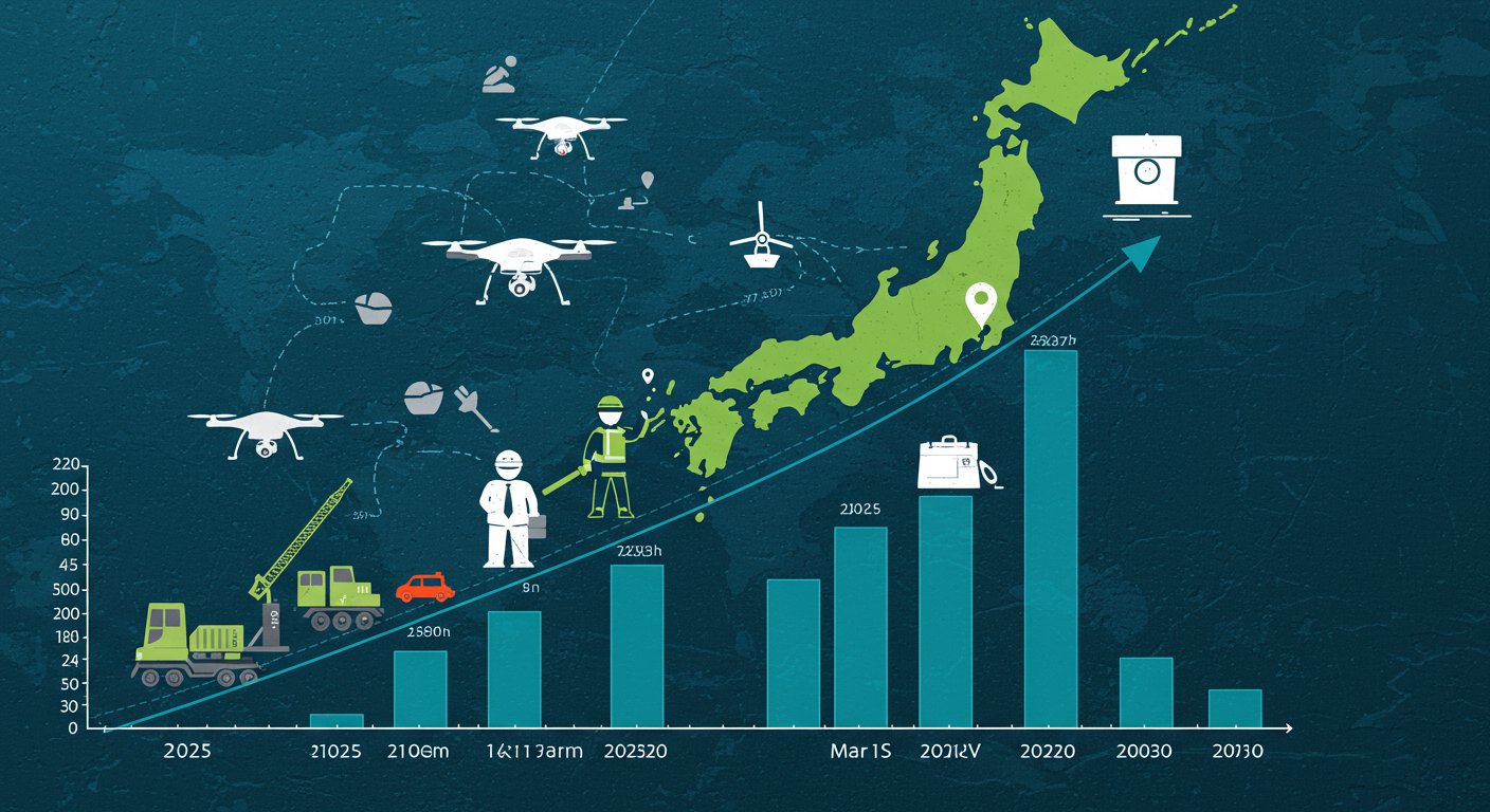 ドローン業界の成長グラフと未来予測を示すイラスト