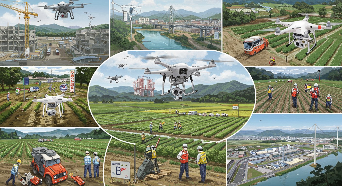 様々な産業でのドローン活用シーンを示すイラスト